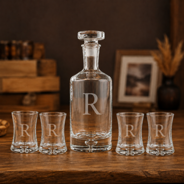 Personalizovaný Set na Destiláty – Karafa, 4 Sklenice, Krabice